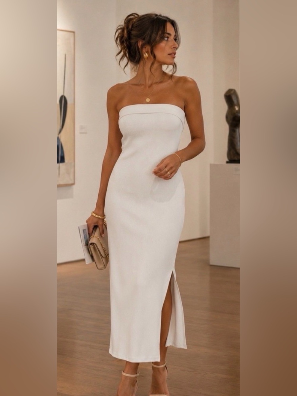 Elegant Strapless Cream Midi Dress with Side Slit